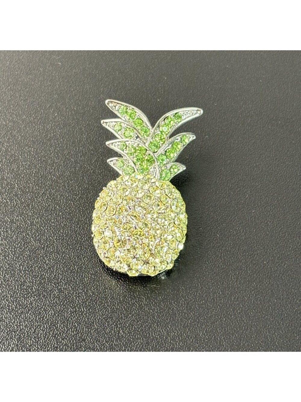 Silver Tones Pineapple Pin Brooch Yellow Green Stones Gems Jewlery 2" Tall